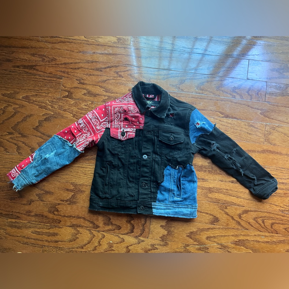 Kids Patchwork Denim Jacket with Bandana Accents - Black & Blue